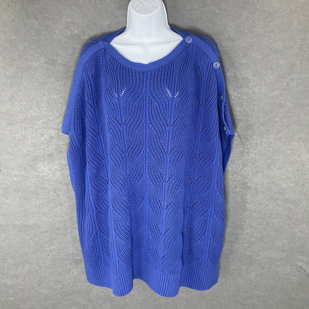 Talbots Knit Button Poncho Top Open Weave Short Sleeve Blue Knit Pullover XS/S